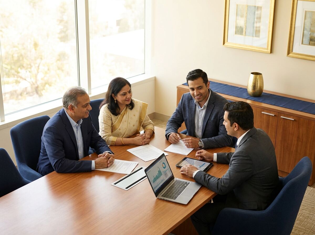 Family and business owner discussing financial planning with a consultant